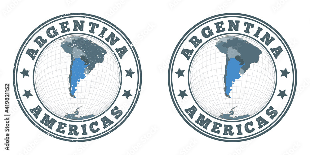 Argentina round logos. Circular badges of country with map of Argentina in world context. Plain and textured country stamps. Vector illustration.
