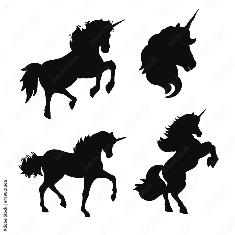 Unicorn silhouettes. Vector unicorn silhouette isolated on white background. Stock Vector