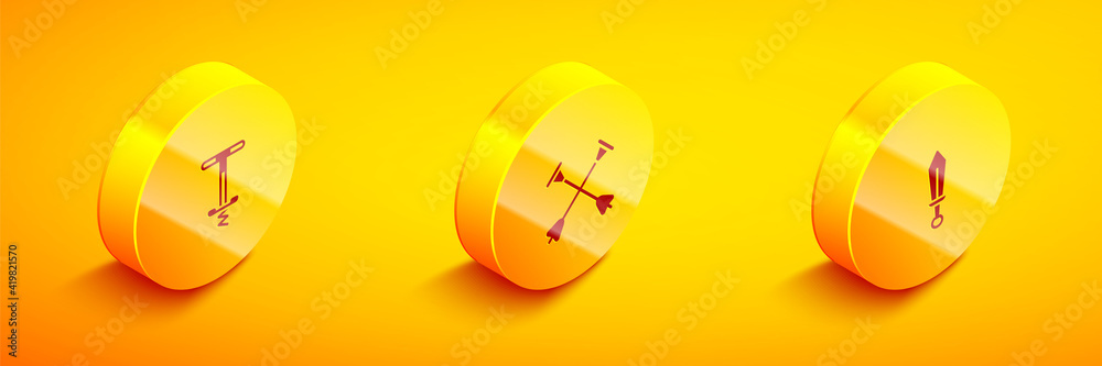 Set Isometric Pogo stick jumping toy, Arrow with sucker tip and Sword icon. Vector. Set Isometric Pogo stick jumping toy, Arrow with sucker tip and Sword icon. Vector.