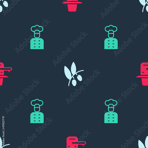 Set Pinocchio, Olives branch and Italian cook on seamless pattern. Vector.