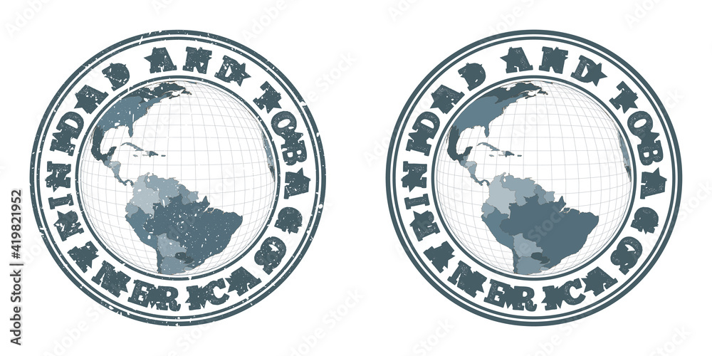 Trinidad and Tobago round logos. Circular badges of country with map of Trinidad and Tobago in world context. Plain and textured country stamps. Vector illustration.