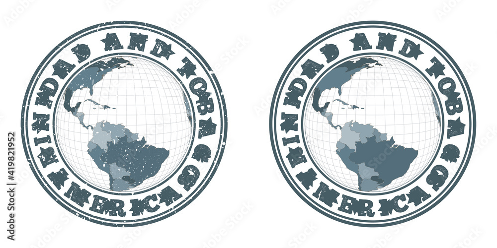 Obraz premium Trinidad and Tobago round logos. Circular badges of the country with a map of Trinidad and Tobago in a world context. Plain and textured country stamps. Vector illustration.