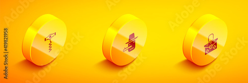 Set Isometric Wine corkscrew, Pinocchio and Handbag icon. Vector.