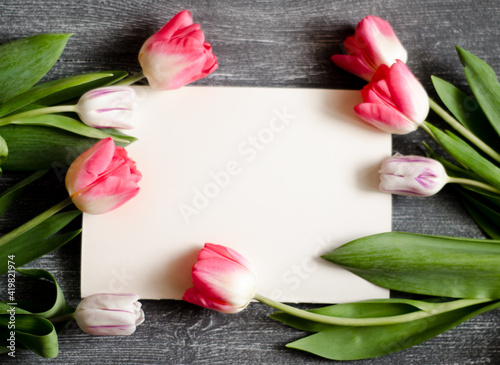 Fototapeta Naklejka Na Ścianę i Meble -   sheet of writing paper framed with live pink tulips.
