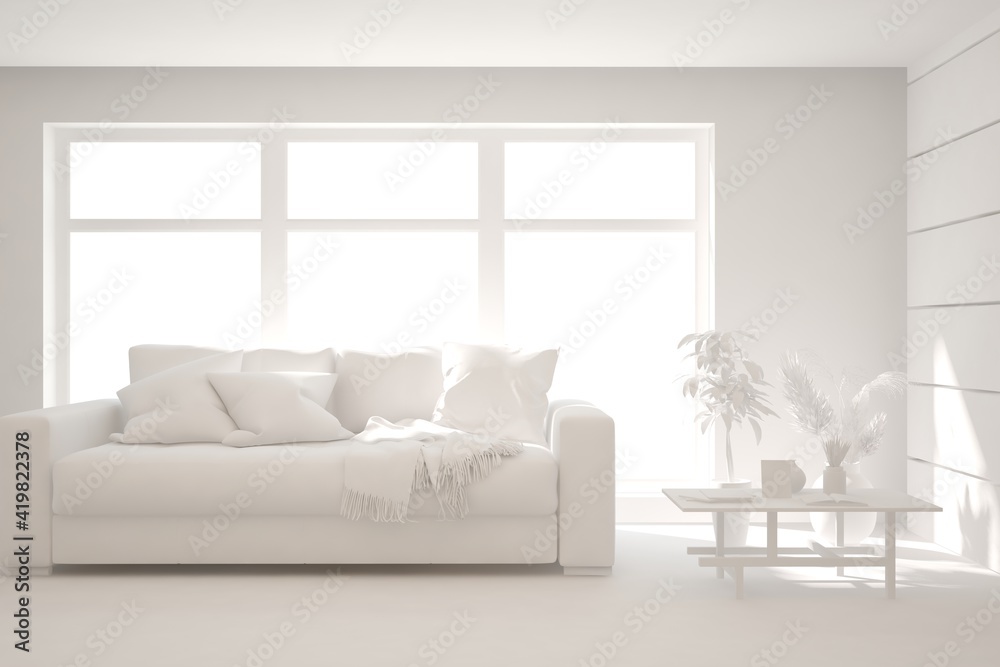 White minimalist living room with sofa. Scandinavian interior design. 3D illustration White minimalist living room with sofa. Scandinavian interior design. 3D illustration