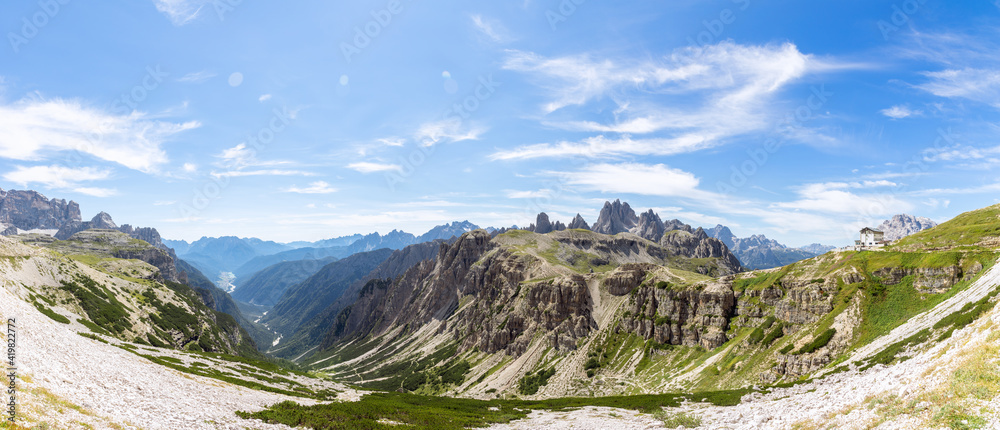 Super panorama of the valley and National Park Tre Cime di Lavaredo. Italian Dolomites, Italy
