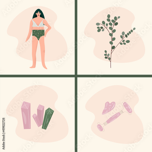 Nice vector flat set greeting cards about self-care, relaxation and meditation. Woman in underwear, candles, eucalyptus, gouache scraper and roller, crystals. Self love, spa. Spring cards for woman