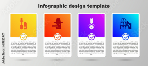 Set Mascara brush, Pinocchio, Pizza knife and Coliseum Rome. Business infographic template. Vector.
