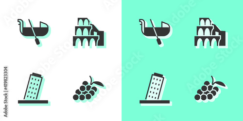 Set Grape fruit, Gondola, Tower in Pisa and Coliseum Rome icon. Vector.