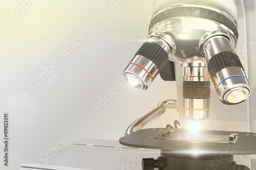 cell analyzing concept, object 3D illustration of lab modern scientific microscope with flare on gradient background