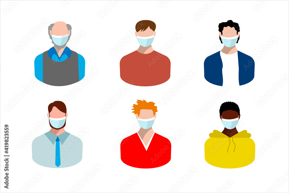 different men portrait in medical masks. Set. mask mode. Medical illustration. different men portrait in medical masks. Set. mask mode. Medical illustration.