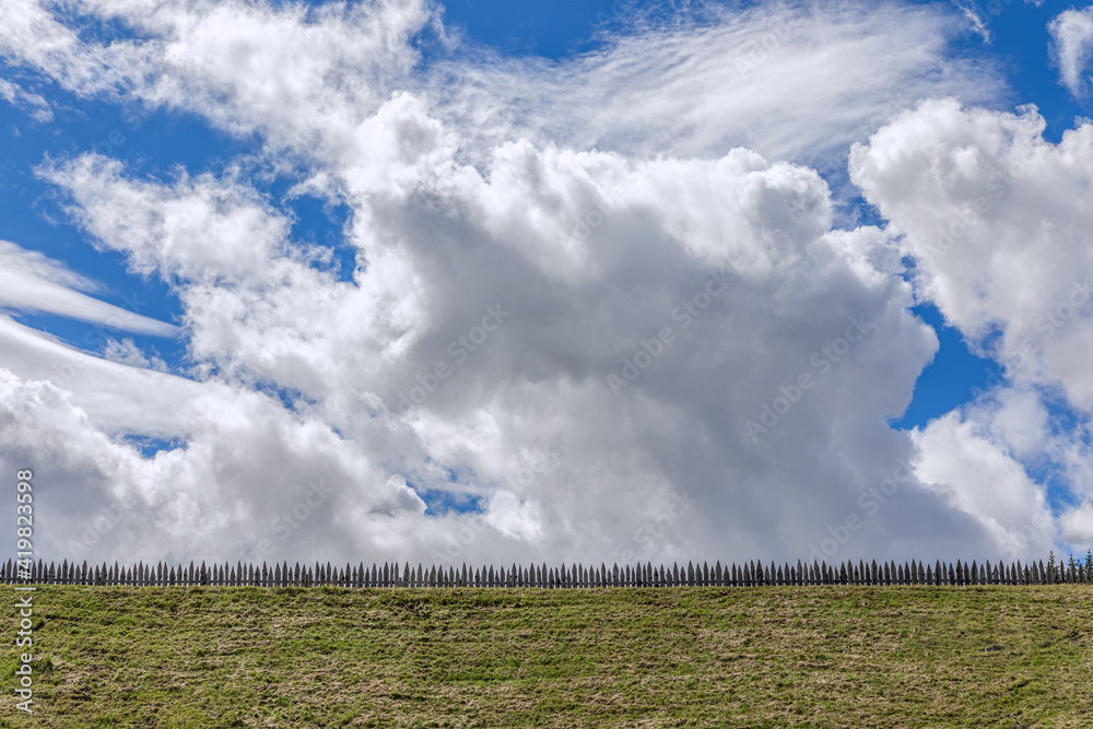 Landscape panorama of field and a beautiful blue sky with cumulus clouds Landscape panorama of field and a beautiful blue sky with cumulus clouds