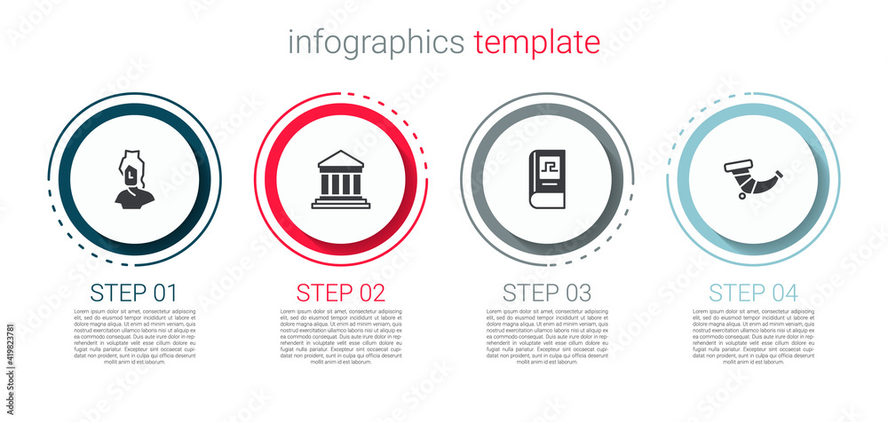 Fototapeta premium Set Ancient bust sculpture, Parthenon, Greek history book and Hunting horn. Business infographic template. Vector.