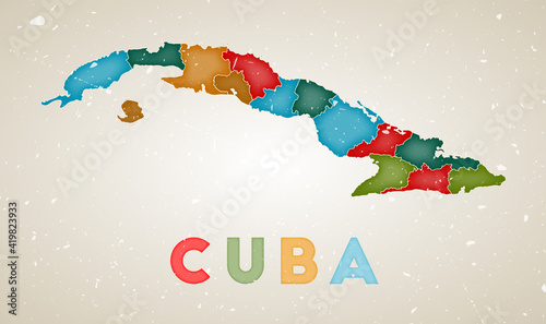 Cuba map. Country poster with colored regions. Old grunge texture. Vector illustration of Cuba with the country name.
