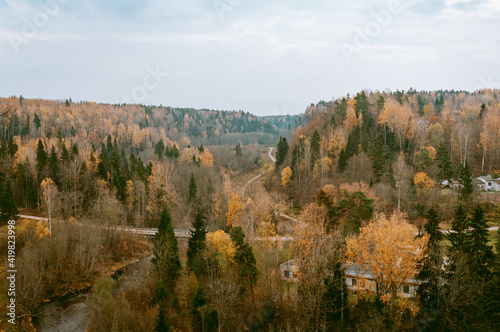 Aerial view over Amata river and forests around it from Landscape Scarp (Ainavu krauja) in Latvia
