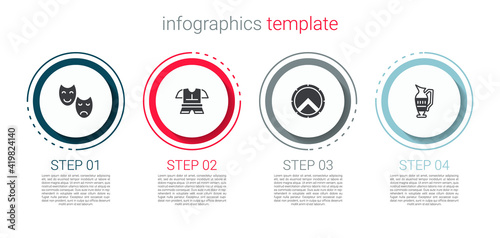 Set Comedy and tragedy masks, Body armor, Greek shield and Ancient amphorae. Business infographic template. Vector.