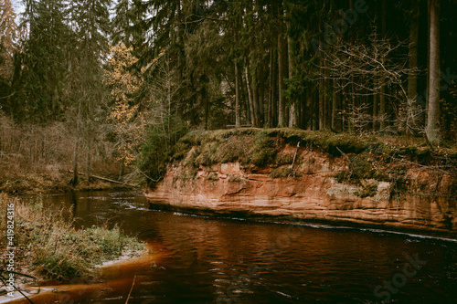 Stuku  St    u  Rock by the Amata river during cloudy autumn day in Latvia