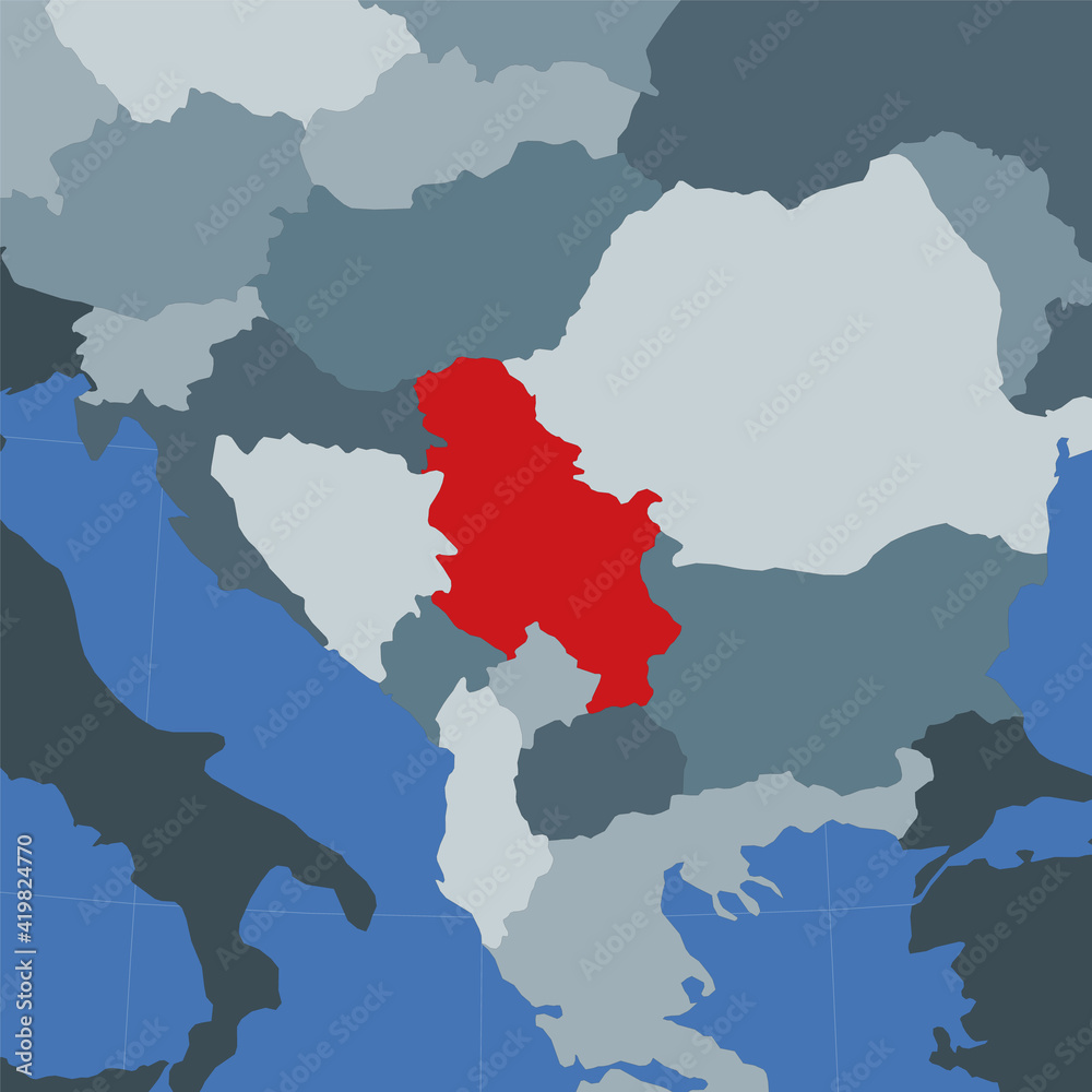 Shape of the Serbia in context of neighbour countries. Country highlighted with red color on world map. Serbia map template. Vector illustration.