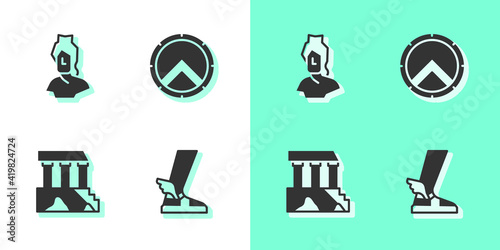 Set Hermes sandal, Ancient bust sculpture, Parthenon and Greek shield icon. Vector.
