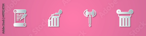 Set paper cut Decree, parchment, scroll, Broken ancient column, Medieval axe and Ancient icon. Paper art style. Vector.