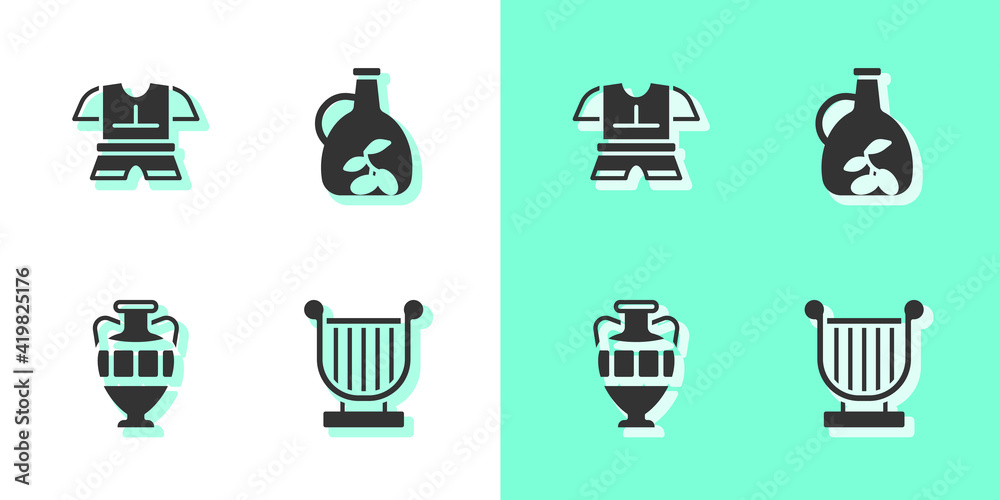Set Ancient lyre, Body armor, amphorae and Bottle of olive oil icon. Vector. Set Ancient lyre, Body armor, amphorae and Bottle of olive oil icon. Vector.