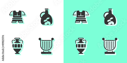 Set Ancient lyre, Body armor, amphorae and Bottle of olive oil icon. Vector.