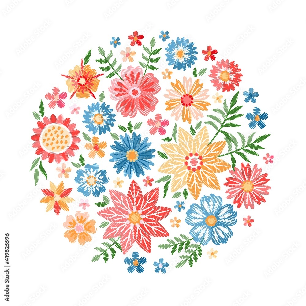 Embroidery flowers. Round composition with colorful floral pattern on white background. Vector design.