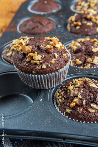 Close up on a healthy gluten free chocolate muffin with walnuts. Homemade, freshly baked goods with cocoa powder and dark chocolate placed in a muffins tray on a wooden background. Nutrition concept.