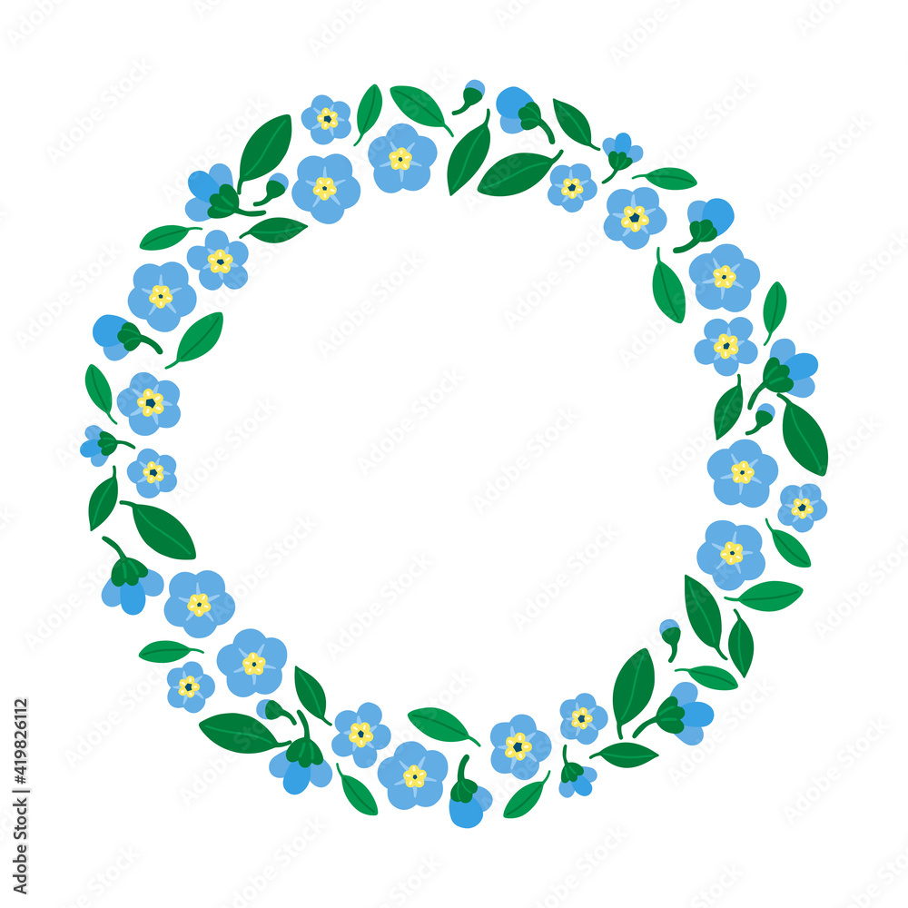 Obraz premium Wreath of Flower with forget-me-not (Myosotis arvensis). Simple cute floral illustration whit Little blue flowers and leafs.