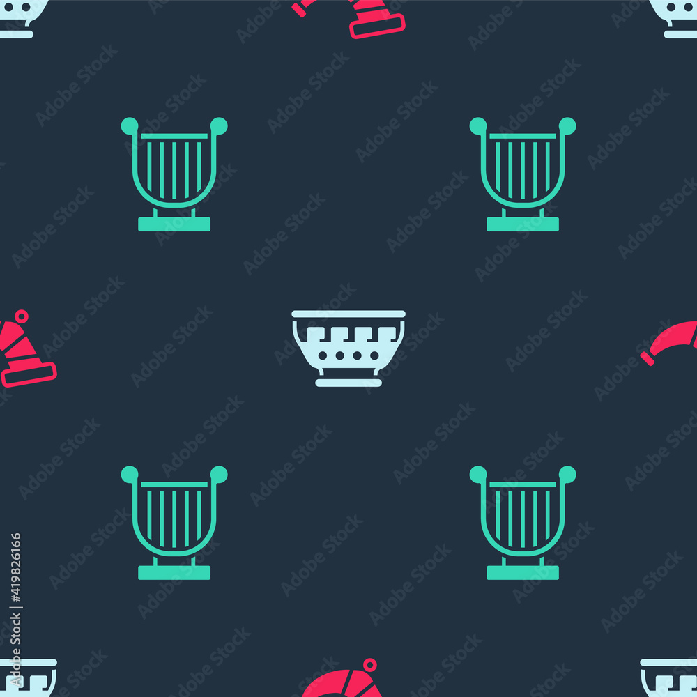Set Hunting horn, Greek ancient bowl and Ancient lyre on seamless pattern. Vector. Set Hunting horn, Greek ancient bowl and Ancient lyre on seamless pattern. Vector.