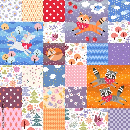 Cute patchwork pattern with unicorn, foxes, raccoons, flowers and decorative ornaments. Beautiful design for children. Print for fabric, textile, wallpaper.