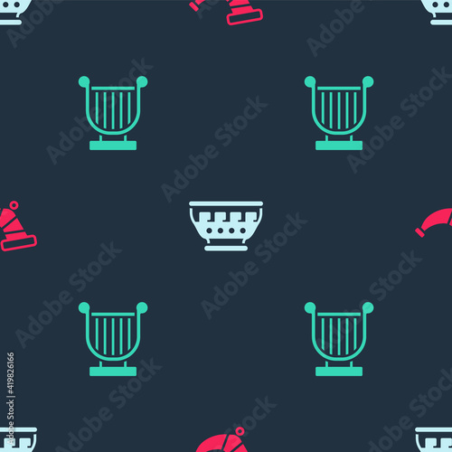 Set Hunting horn, Greek ancient bowl and Ancient lyre on seamless pattern. Vector.
