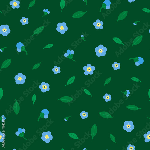 Flower seamless pattern with forget-me-not (Myosotis arvensis). Simple cute floral pattern whit Little blue flowers and leafs.