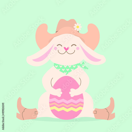 Cowboy rabbit and easter egg. Cute bunny in cowboy western hat and boots hold easter egg. Vector tender color illustration for greeting card background