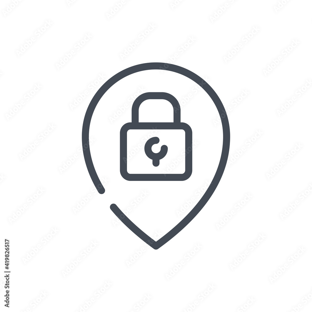 Safe place and closed establishment line icon. Location pointer with lock vector outline sign. Safe place and closed establishment line icon. Location pointer with lock vector outline sign.