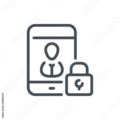 Internet security and mobile phone access line icon. Mobile phone with lock vector outline sign.