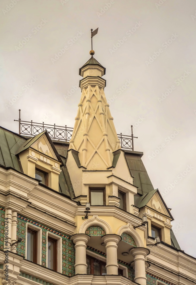 Tower of one of the old Moscow houses in the Russian Art Nouveau style
