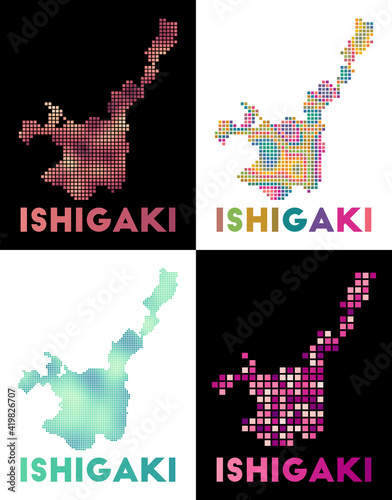 Ishigaki map. Collection of map of Ishigaki in dotted style. Borders of the island filled with rectangles for your design. Vector illustration.