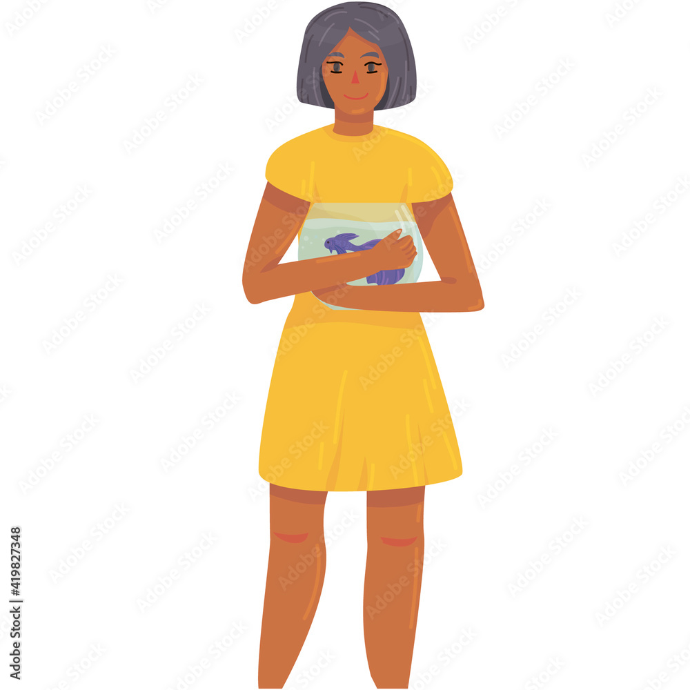 girl holding an aquarium with a fish. Betta splendens, or Siamese cockerel. Siamese fighting fish. happy pet owners. pet Shop. vector flat. isolated on white background girl holding an aquarium with a fish. Betta splendens, or Siamese cockerel. Siamese fighting fish. happy pet owners. pet Shop. vector flat. isolated on white background