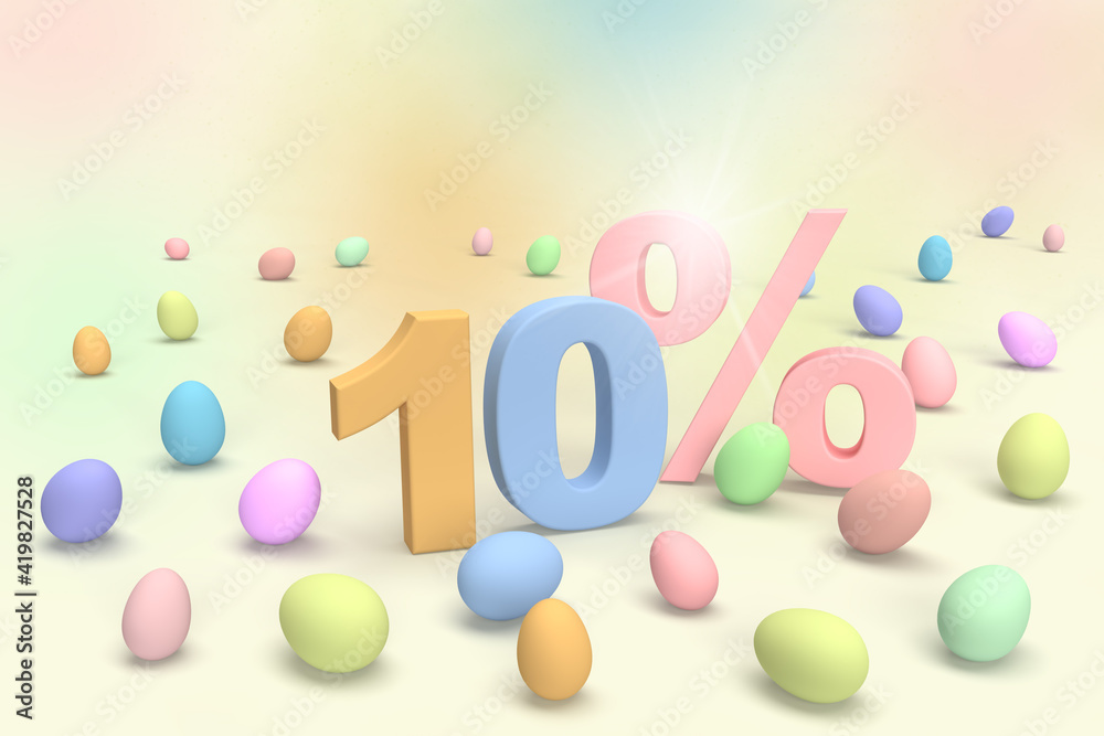 happy Easter sale colorful eggs number 10 percentages on pastel abstract background.