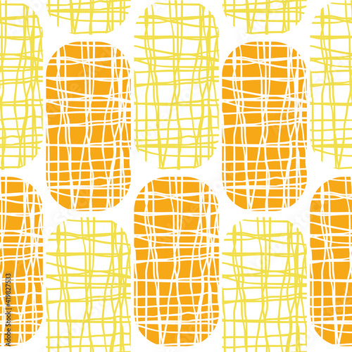 Irregular weave effect vector rectangles seamless pattern background. Backdrop with alternating columns of yellow orange rounded coarsely woven shapes. Hessian fibre texture repeat for summer
