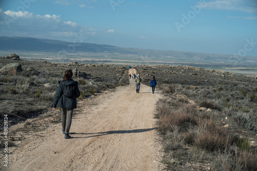 Group of people on the hiking trail in Mironcillo  Avila  Spain