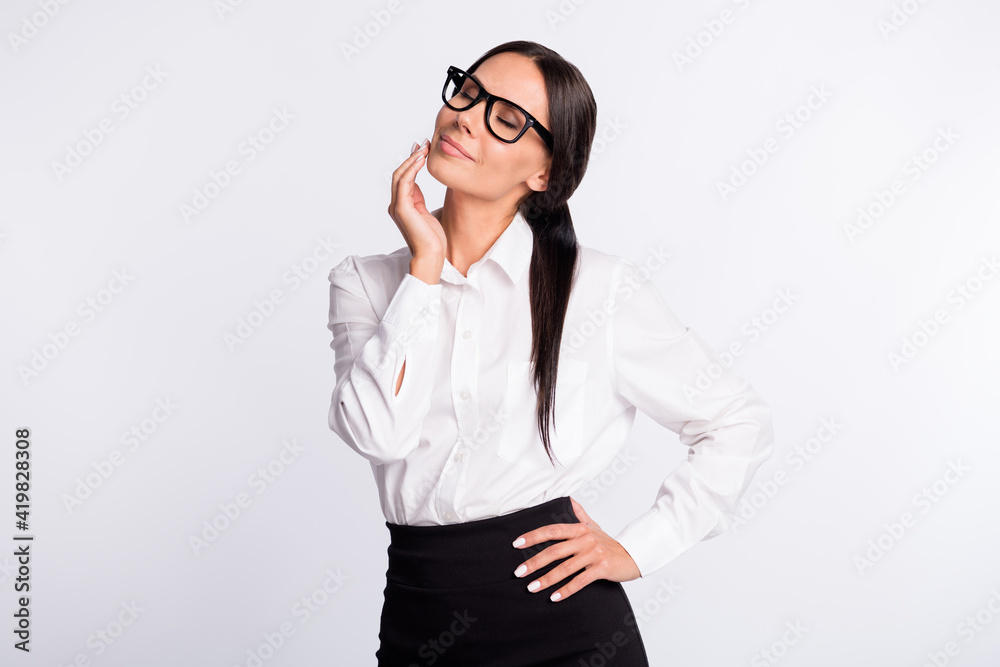 Photo of optimistic brunette hairdo lady closed eyes wear spectacles shirt isolated on grey color background