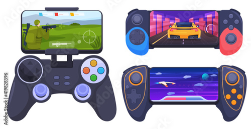Set of gamepads for games on a smartphone. Gadgets for video games. Vector illustration on a white background