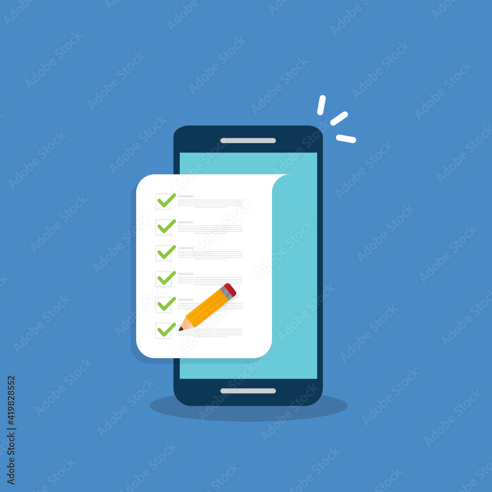 Check list document on smartphone, smartphone with paper check list and to do list with checkboxes, concept of survey, online quiz, completed things or done test, feedback. Check list document on smartphone, smartphone with paper check list and to do list with checkboxes, concept of survey, online quiz, completed things or done test, feedback.