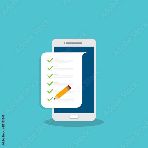 Check list document on smartphone, smartphone with paper check list and to do list with checkboxes, concept of survey, online quiz, completed things or done test, feedback.