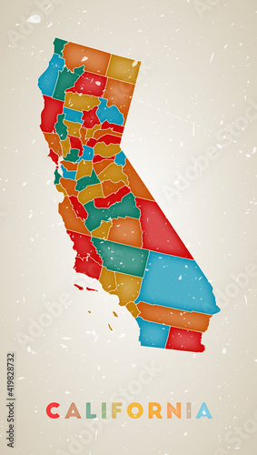 California map. US state poster with colored regions. Old grunge texture. Vector illustration of California with US state name.