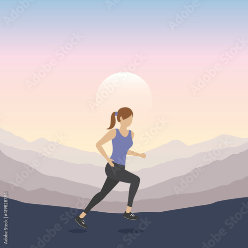 jogging sporty girl on mountain landscape at sunset