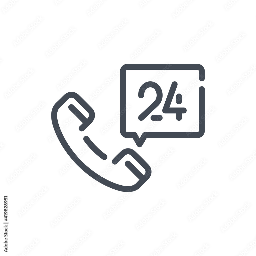 Support service line icon. Phone tube with speech box and 24 vector outline sign. Support service line icon. Phone tube with speech box and 24 vector outline sign.