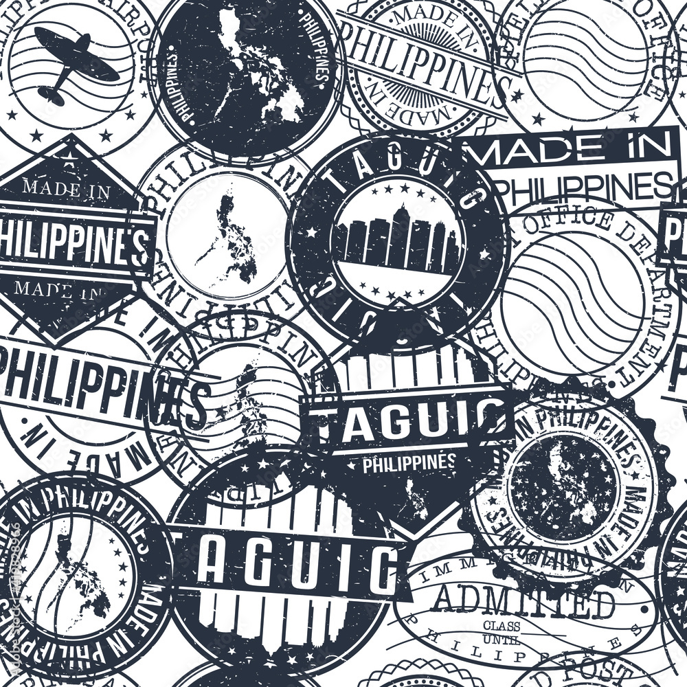 Taguig Philippines Stamps Background. City Stamp Vector Art. Postal Passport Travel. Design Set Pattern.